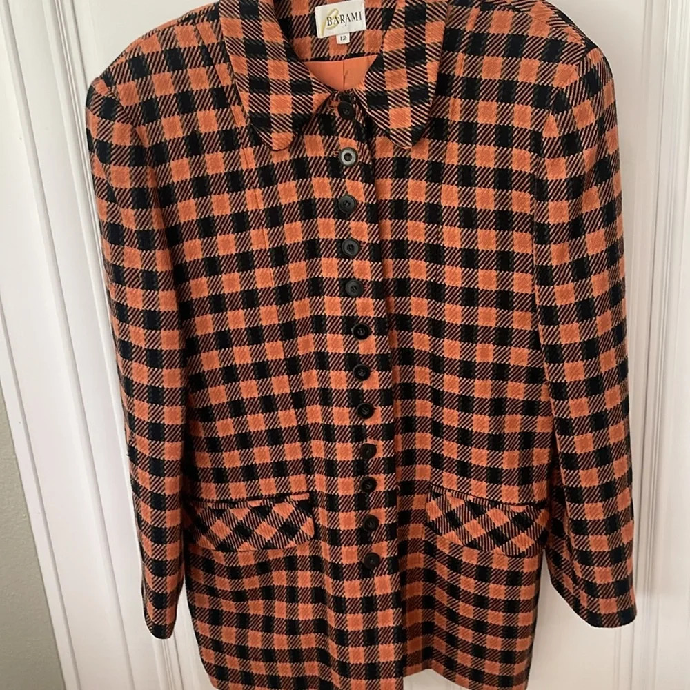 Vintage BARAMI 100% WOOL COAT BLAZER SZ 12 FULLY LINED BLACK ORANGE HOUNDSTOOTH - Picture 3 of 17